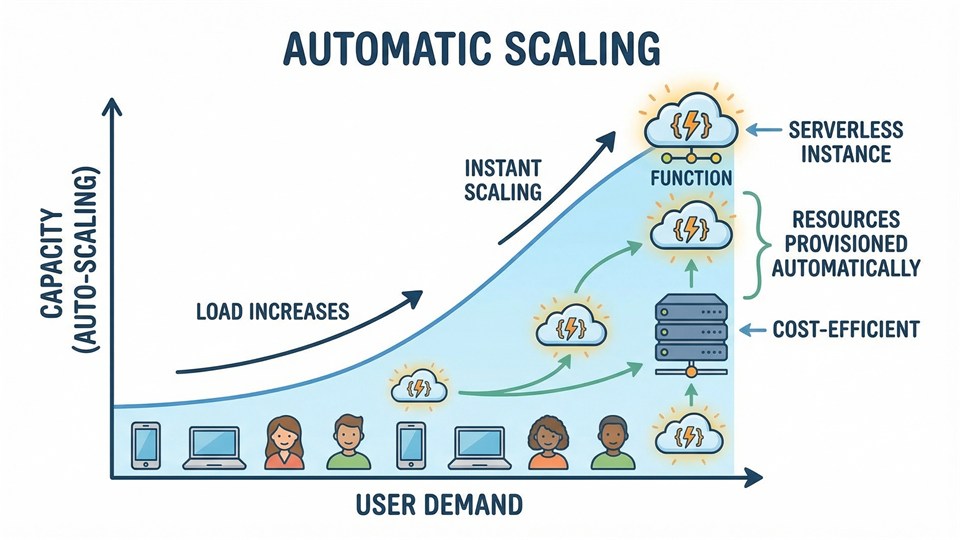 Graphic showing automatic scaling in serverless